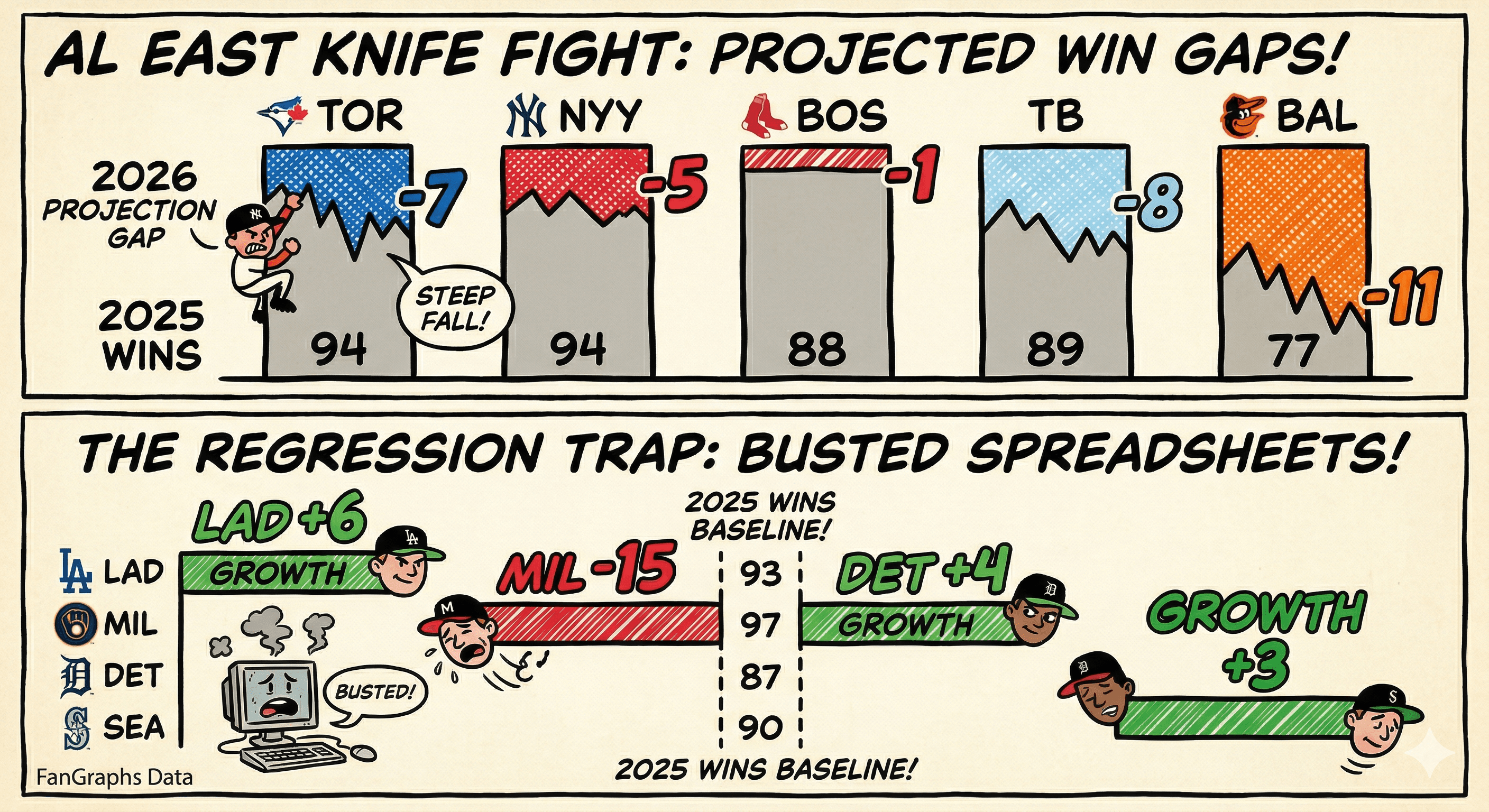 A two-panel comic-style infographic titled "AL East Knife Fight" and "The Regression Trap." The top panel shows projected win declines for the AL East, highlighting the Blue Jays (-7) and Yankees (-5). The bottom panel illustrates win growth or regression compared to 2025 baselines, showing the Dodgers (+6), Tigers (+4), and Mariners (+3) growing, while the Brewers face a massive 15-game "Regression Trap" decline.